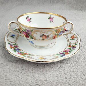 Schumann Bavaria Double Handle Tea Cup Bouillon Cup Saucer Dresden Floral 1950's